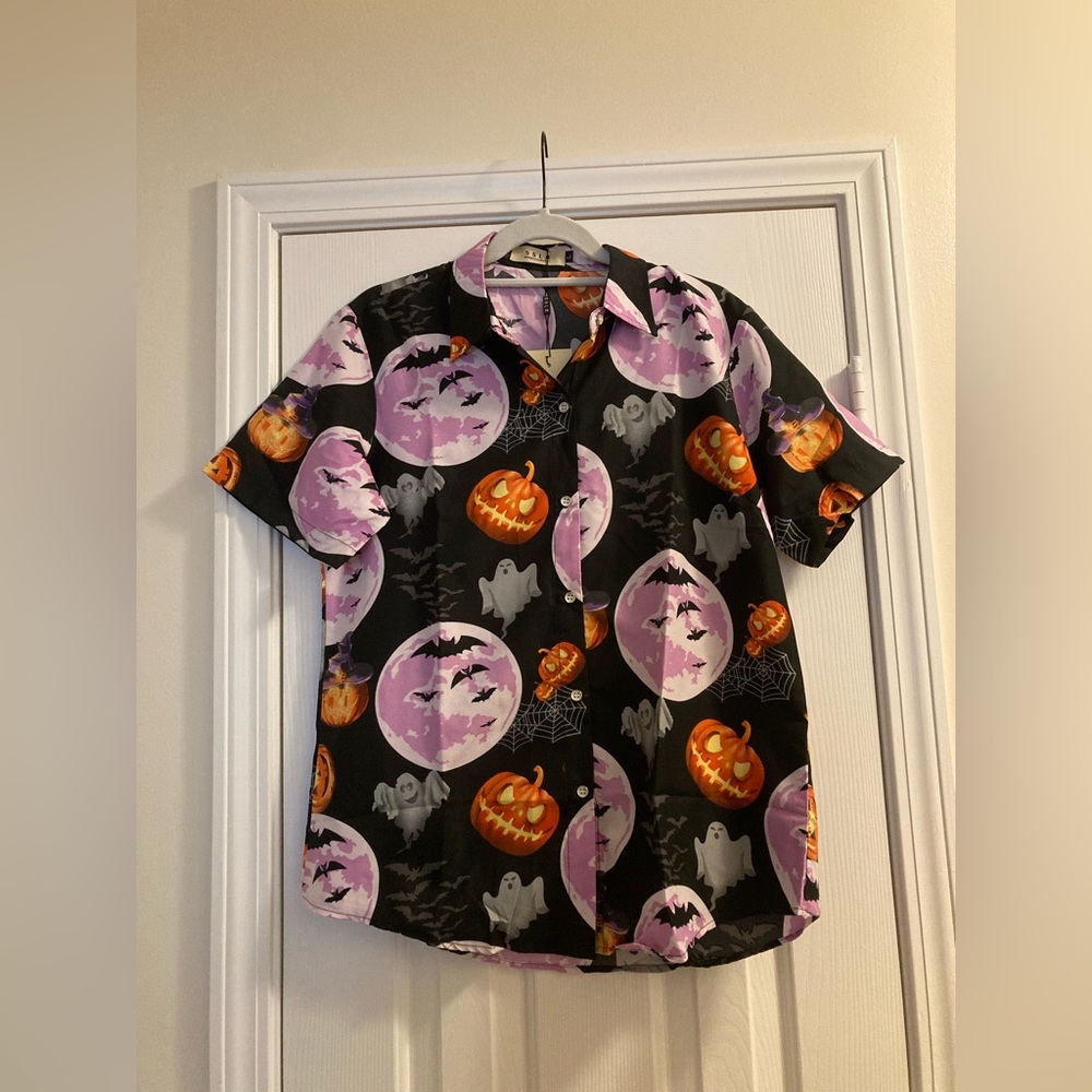 SSLR Halloween Pumpkin Button Shirt MEN'S Size Large Lightweight Short Sleeve